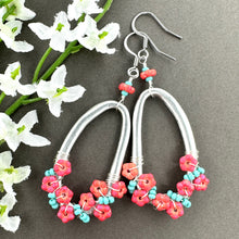 Load image into Gallery viewer, Organic Oval Earrings with Watermelon Flowers and Turquoise Glass Beads
