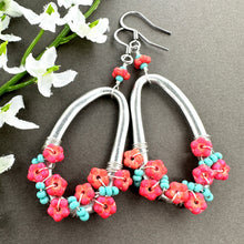 Load image into Gallery viewer, Organic Oval Earrings with Watermelon Flowers and Turquoise Glass Beads