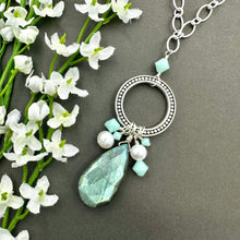 Load image into Gallery viewer, Long Labradorite Necklace with Freshwater Pearls and Mint Alabaster Crystals