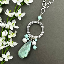 Load image into Gallery viewer, Long Labradorite Necklace with Freshwater Pearls and Mint Alabaster Crystals