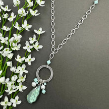 Load image into Gallery viewer, Long Labradorite Necklace with Freshwater Pearls and Mint Alabaster Crystals