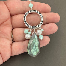 Load image into Gallery viewer, Long Labradorite Necklace with Freshwater Pearls and Mint Alabaster Crystals