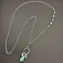 Load image into Gallery viewer, Long Labradorite Necklace with Freshwater Pearls and Mint Alabaster Crystals