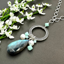 Load image into Gallery viewer, Long Labradorite Necklace with Freshwater Pearls and Mint Alabaster Crystals