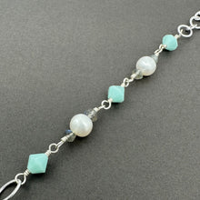 Load image into Gallery viewer, Long Labradorite Necklace with Freshwater Pearls and Mint Alabaster Crystals