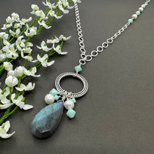 Load image into Gallery viewer, Long Labradorite Necklace with Freshwater Pearls and Mint Alabaster Crystals