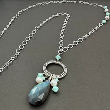 Load image into Gallery viewer, Long Labradorite Necklace with Freshwater Pearls and Mint Alabaster Crystals