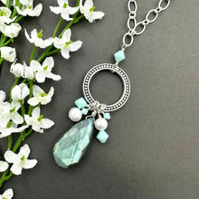 Load image into Gallery viewer, Long Labradorite Necklace with Freshwater Pearls and Mint Alabaster Crystals