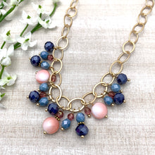 Load image into Gallery viewer, Summer Bloom Cluster Necklace with Blues, Pinks and Matte Gold Chain