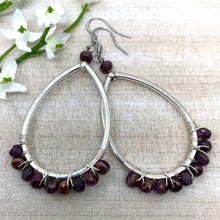 Load image into Gallery viewer, Messy Wire Wrapped Plum Teardrop Earrings