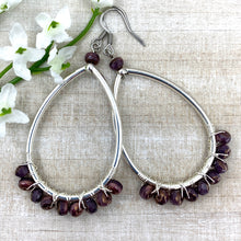 Load image into Gallery viewer, Messy Wire Wrapped Plum Teardrop Earrings