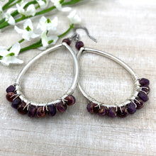 Load image into Gallery viewer, Messy Wire Wrapped Plum Teardrop Earrings