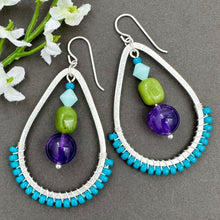 Load image into Gallery viewer, Teal Wire Wrapped Teardrop Earring with Amethyst and Jade