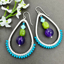 Load image into Gallery viewer, Teal Wire Wrapped Teardrop Earring with Amethyst and Jade