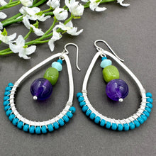 Load image into Gallery viewer, Teal Wire Wrapped Teardrop Earring with Amethyst and Jade