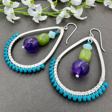 Load image into Gallery viewer, Teal Wire Wrapped Teardrop Earring with Amethyst and Jade