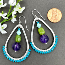 Load image into Gallery viewer, Teal Wire Wrapped Teardrop Earring with Amethyst and Jade
