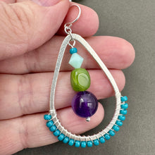 Load image into Gallery viewer, Teal Wire Wrapped Teardrop Earring with Amethyst and Jade