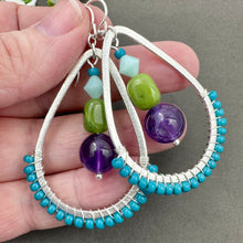 Load image into Gallery viewer, Teal Wire Wrapped Teardrop Earring with Amethyst and Jade