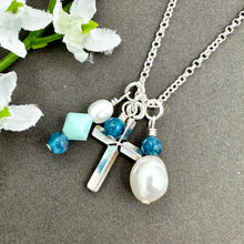 Load image into Gallery viewer, Cross Cluster Necklace with Apatite and Pearls
