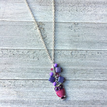 Load image into Gallery viewer, Pink and Purple Long Owl Necklace / Enameled Owl Charm / Czech Glass / Swarovski Crystals