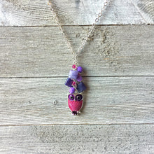 Load image into Gallery viewer, Pink and Purple Long Owl Necklace / Enameled Owl Charm / Czech Glass / Swarovski Crystals