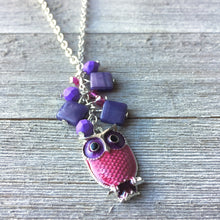 Load image into Gallery viewer, Pink and Purple Long Owl Necklace / Enameled Owl Charm / Czech Glass / Swarovski Crystals