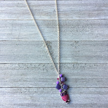 Load image into Gallery viewer, Pink and Purple Long Owl Necklace / Enameled Owl Charm / Czech Glass / Swarovski Crystals