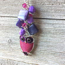 Load image into Gallery viewer, Pink and Purple Long Owl Necklace / Enameled Owl Charm / Czech Glass / Swarovski Crystals