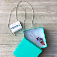 Load image into Gallery viewer, Pink and Purple Long Owl Necklace / Enameled Owl Charm / Czech Glass / Swarovski Crystals