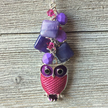 Load image into Gallery viewer, Pink and Purple Long Owl Necklace / Enameled Owl Charm / Czech Glass / Swarovski Crystals
