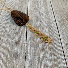 Load image into Gallery viewer, Wood and Green Long Necklace on Gold Chain