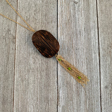 Load image into Gallery viewer, Wood and Green Long Necklace on Gold Chain