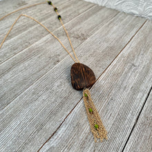 Load image into Gallery viewer, Wood and Green Long Necklace on Gold Chain