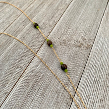 Load image into Gallery viewer, Wood and Green Long Necklace on Gold Chain