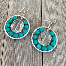 Load image into Gallery viewer, Silver Hoop Earrings with Swarovski Crystals and Matte Turquoise Czech Glass Beads