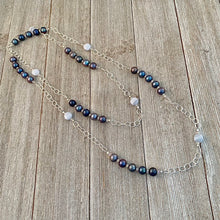 Load image into Gallery viewer, Peacock Freshwater Pearls / Blue Lace Agate / Crystal / Purple Long Chain Necklace
