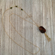 Load image into Gallery viewer, Wood and Green Long Necklace on Gold Chain