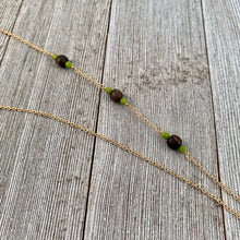 Load image into Gallery viewer, Wood and Green Long Necklace on Gold Chain