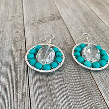 Load image into Gallery viewer, Silver Hoop Earrings with Swarovski Crystals and Matte Turquoise Czech Glass Beads