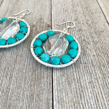 Load image into Gallery viewer, Silver Hoop Earrings with Swarovski Crystals and Matte Turquoise Czech Glass Beads