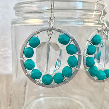 Load image into Gallery viewer, Silver Hoop Earrings with Swarovski Crystals and Matte Turquoise Czech Glass Beads
