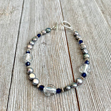 Load image into Gallery viewer, Grey Button Freshwater Pearls, Dark Sapphire Swarovski Crystals, Crystal Colored Fine Czech Glass, Sterling Silver Bracelet