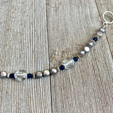 Load image into Gallery viewer, Grey Button Freshwater Pearls, Dark Sapphire Swarovski Crystals, Crystal Colored Fine Czech Glass, Sterling Silver Bracelet