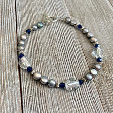 Load image into Gallery viewer, Grey Button Freshwater Pearls, Dark Sapphire Swarovski Crystals, Crystal Colored Fine Czech Glass, Sterling Silver Bracelet