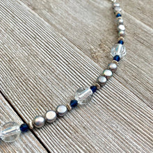 Load image into Gallery viewer, Grey Button Freshwater Pearls, Dark Sapphire Swarovski Crystals, Crystal Colored Fine Czech Glass, Sterling Silver Bracelet