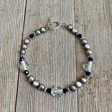 Load image into Gallery viewer, Grey Button Freshwater Pearls, Dark Sapphire Swarovski Crystals, Crystal Colored Fine Czech Glass, Sterling Silver Bracelet