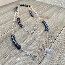Load image into Gallery viewer, Peacock Freshwater Pearls / Blue Lace Agate / Crystal / Purple Long Chain Necklace