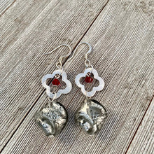 Load image into Gallery viewer, Twisted Czech Glass / Brushed Silver Flower Link / Siam Swarovski Crystal / Dangle Earrings