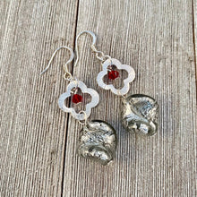 Load image into Gallery viewer, Twisted Czech Glass / Brushed Silver Flower Link / Siam Swarovski Crystal / Dangle Earrings
